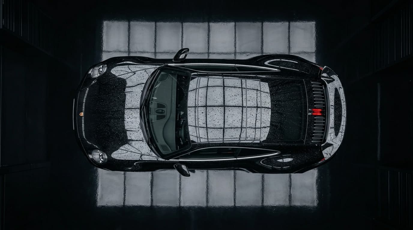 Luxury automotive photography — black Porsche on an obsidian floor