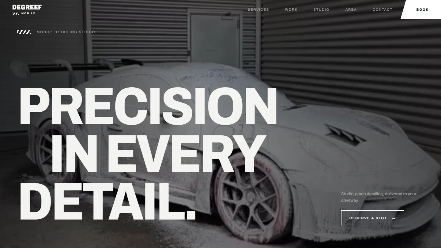 Degreef Car Detailing homepage hero — sharp mobile detailing visual system and service paths