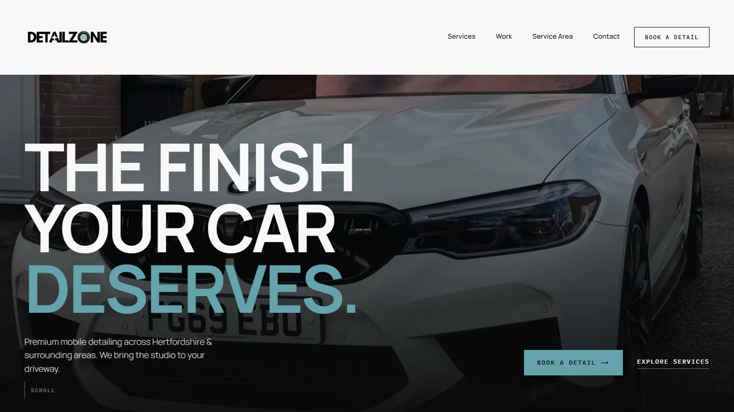 Detail Zone homepage hero — Hertfordshire mobile detailing premium UK studio layout