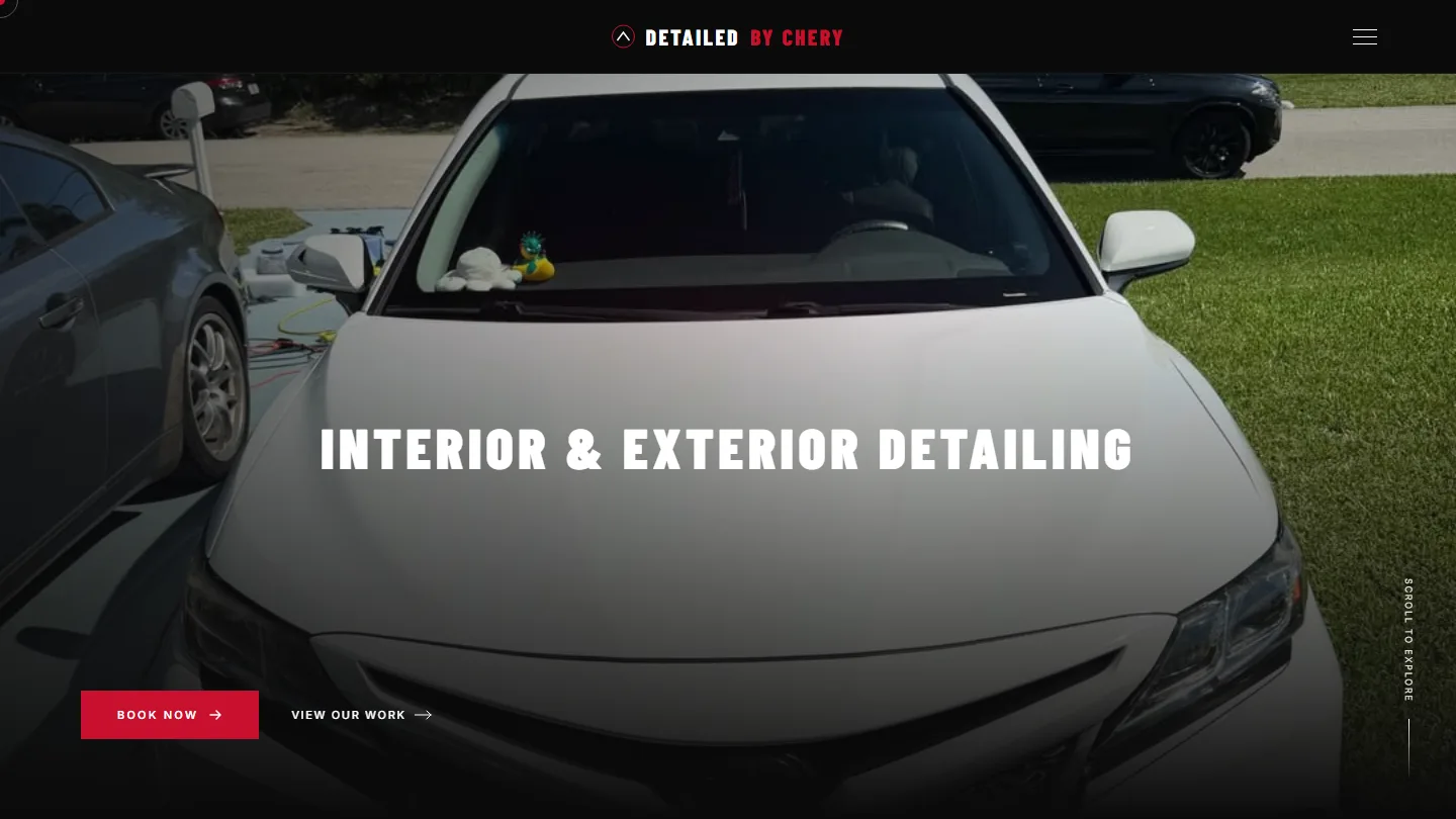 Detailed by Chery homepage hero — Port Saint Lucie interior and exterior detailing studio layout