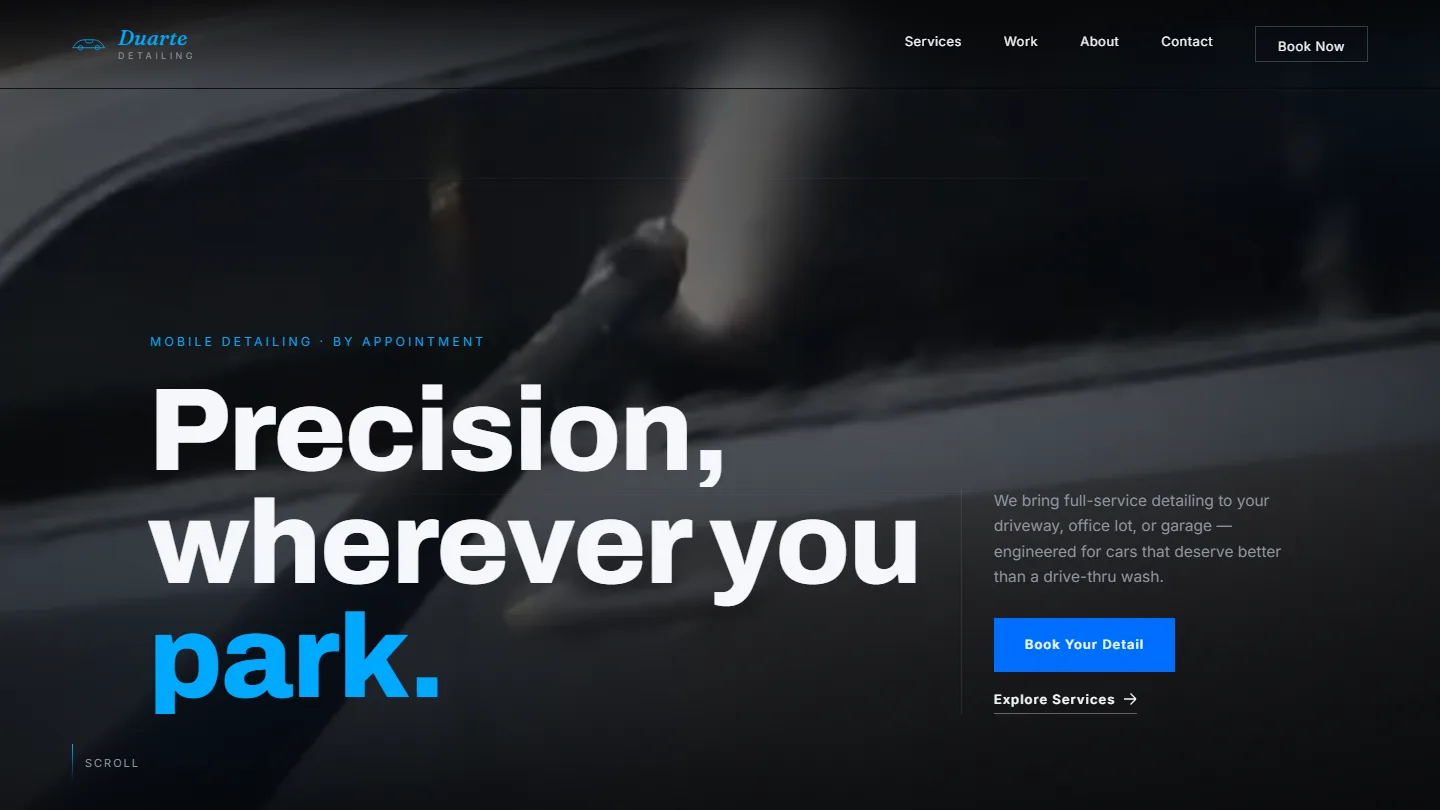 Duarte Mobile Detailing homepage hero — mobile detailing packages and enquiry-led layout