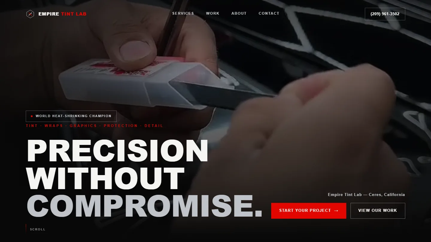 Empire Tint Lab homepage hero — Ceres multi-service tint, PPF, and wraps film-first layout