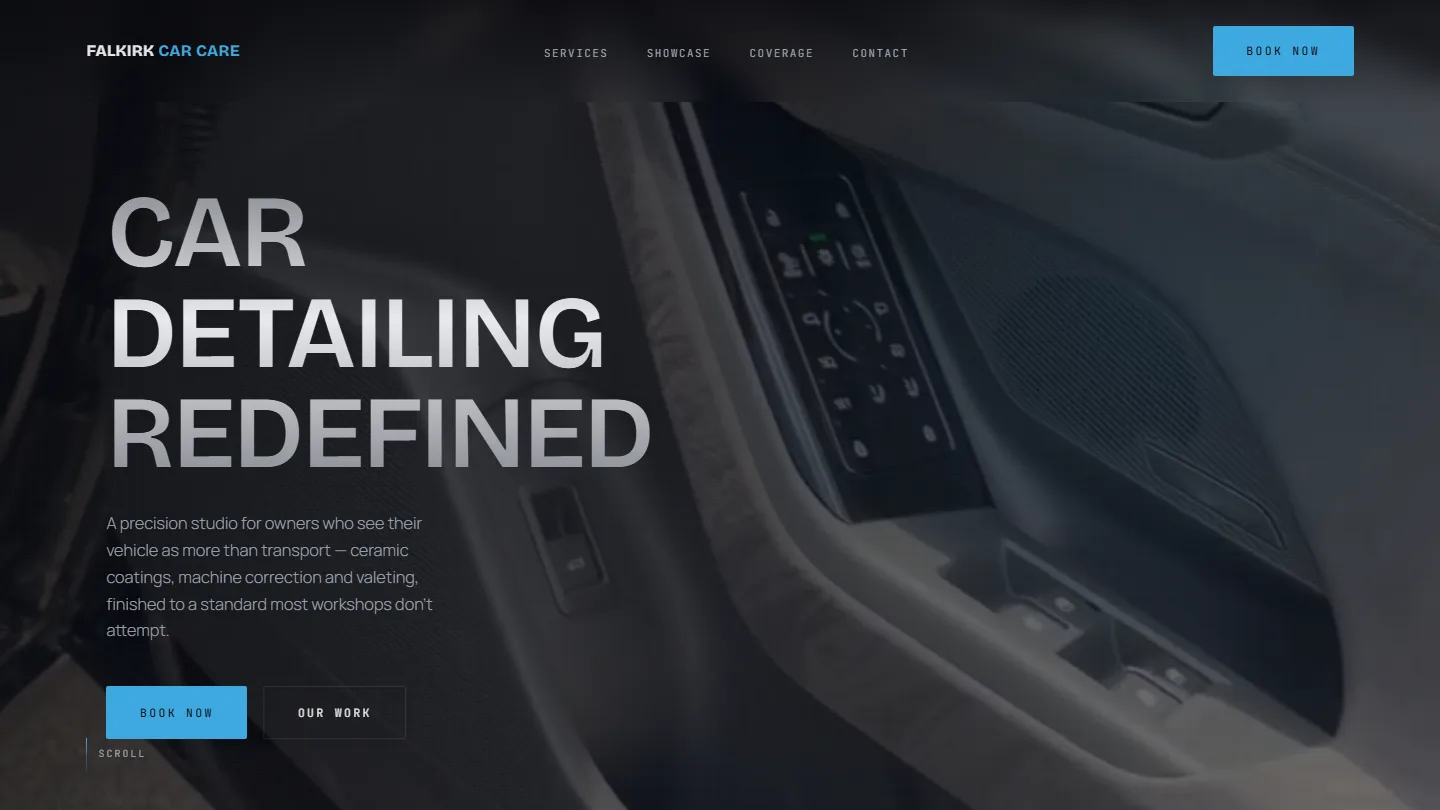 Falkirk Car Care homepage hero — Scotland detailing studio with ceramic and correction messaging