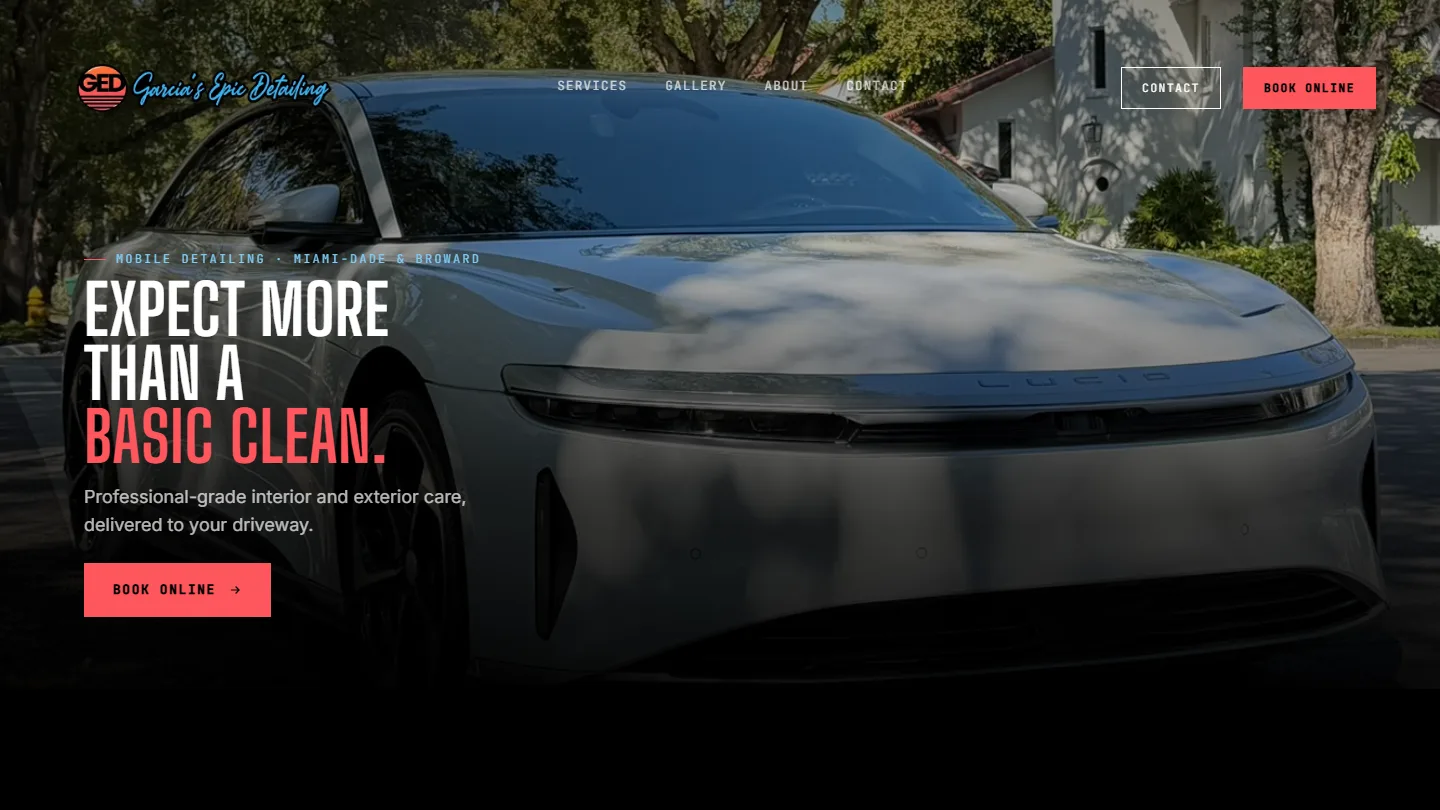 Garcia Epic Detailing homepage hero — Miami-Dade and Broward mobile detailing regional layout