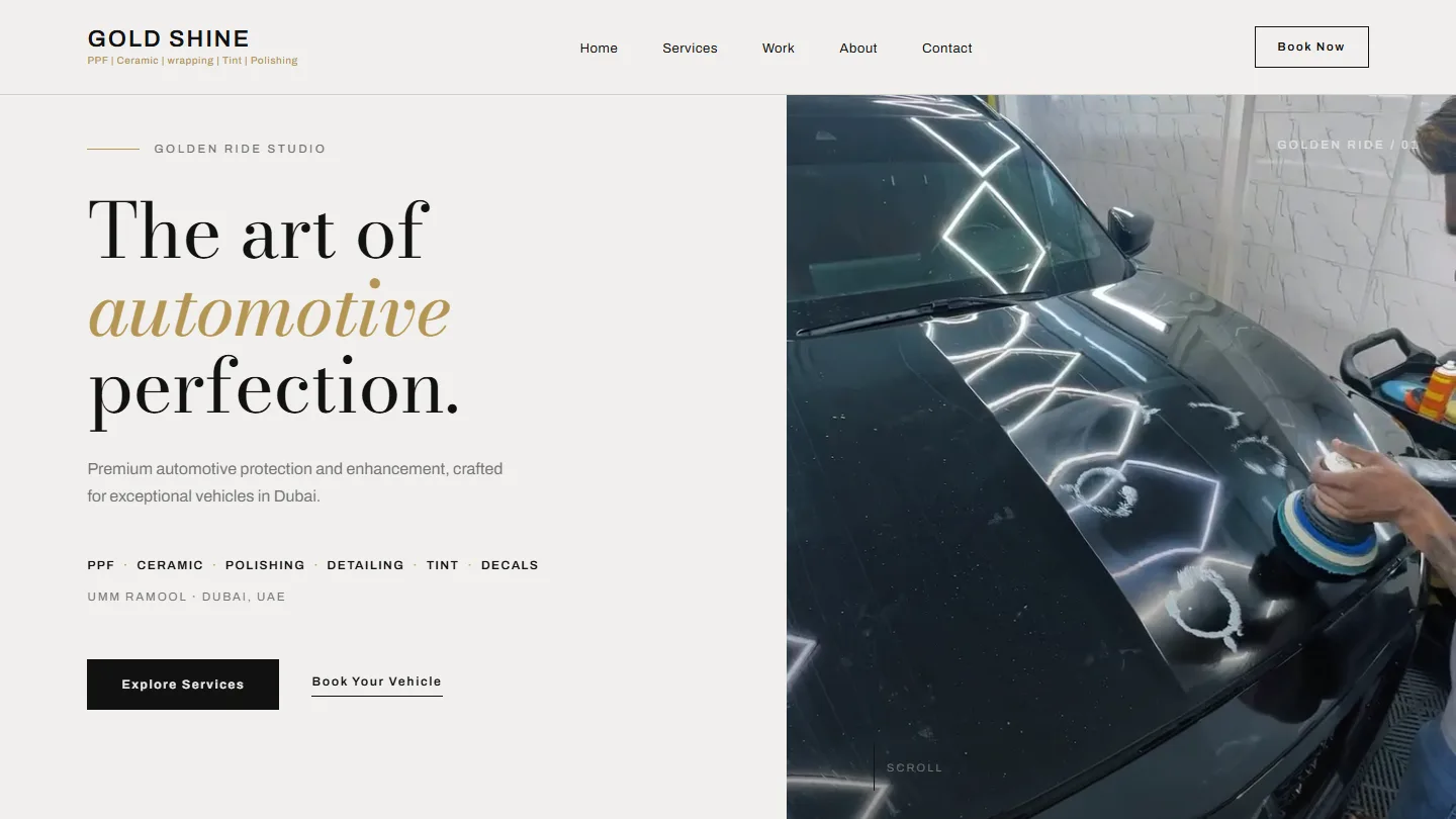 Gold Shine homepage hero — Dubai multi-service protection studio layout for PPF, ceramic, and tint