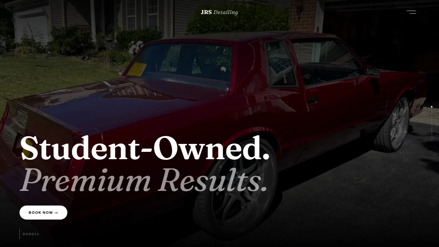 JRS Detailing homepage hero — Leesburg VA student-owned mobile detailing package layout