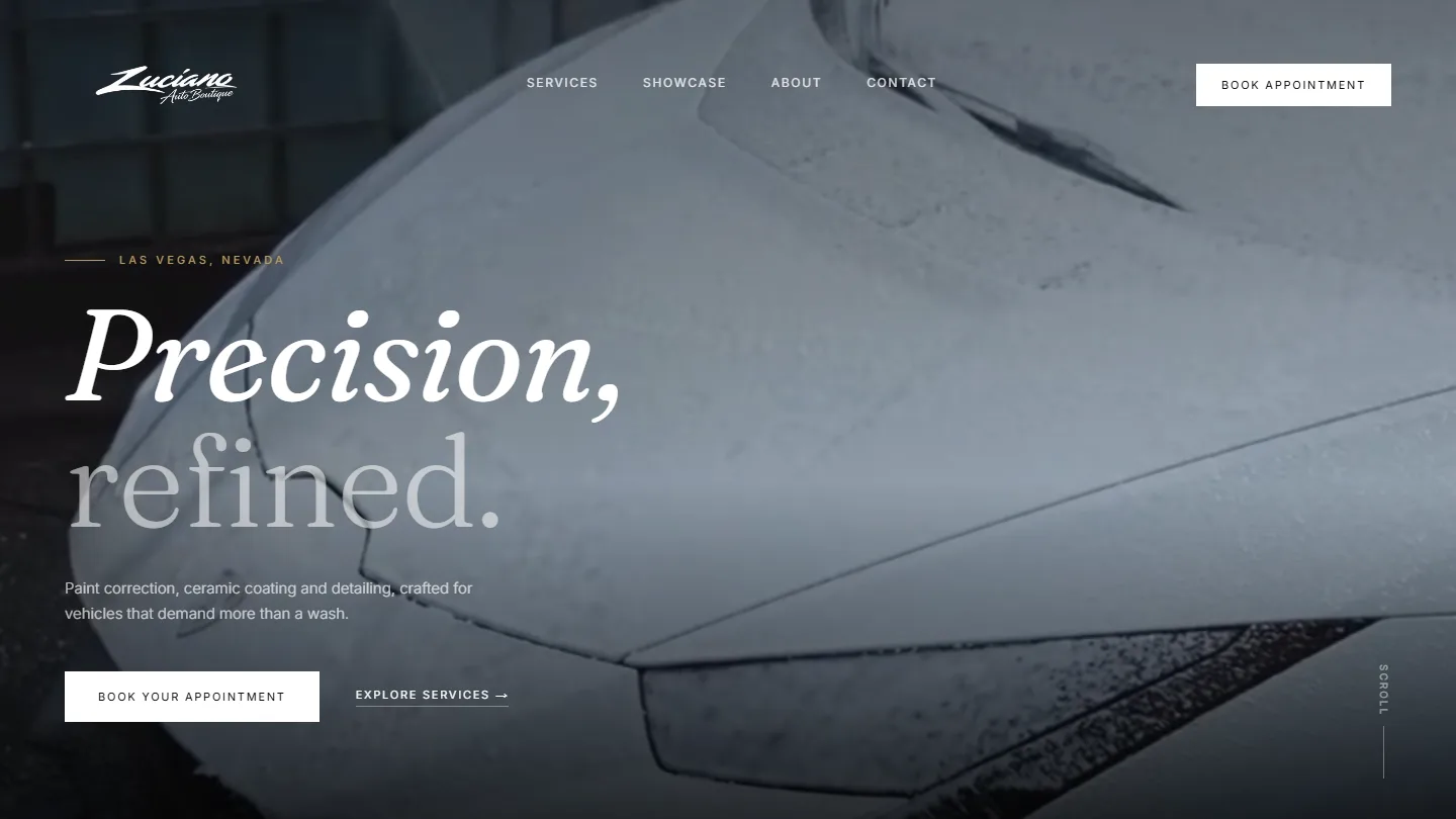 Luciano Auto Boutique homepage hero — Las Vegas paint correction and ceramic boutique layout