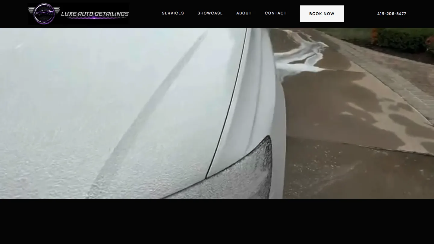 Luxe Auto Detailing homepage hero — interior and exterior detailing with mobile and drop-off framing