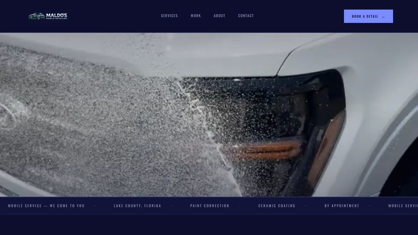 Maldos Mobile Detailing homepage hero — Lake County FL mobile detailing local service layout
