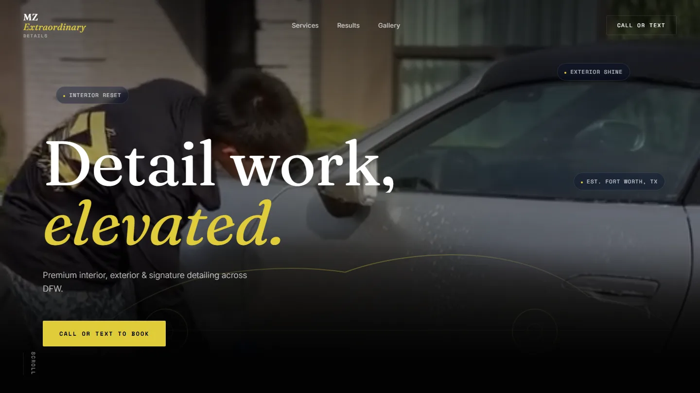 MZ Extraordinary Details homepage hero — DFW luxury detailing studio photography and booking-focused layout