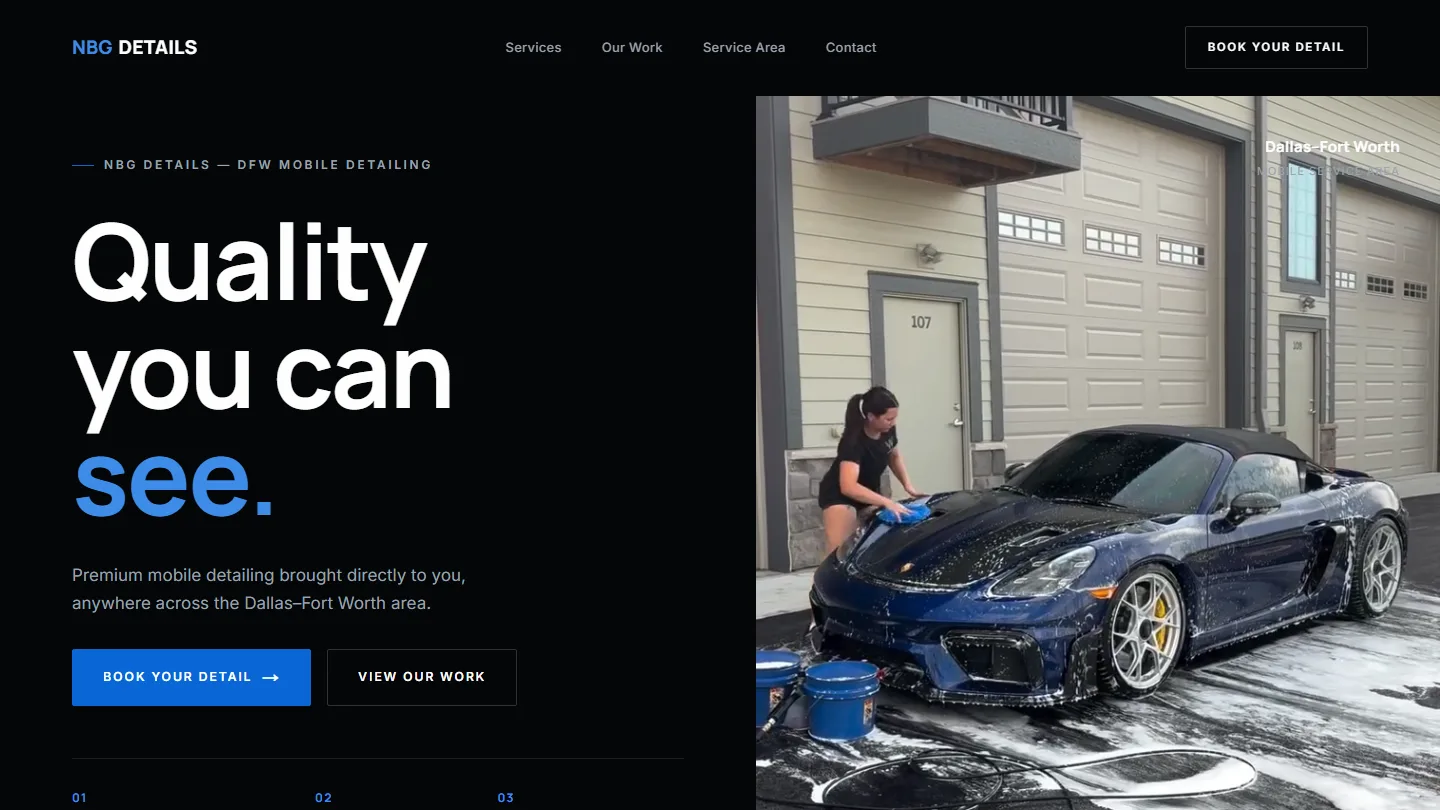 NBG Detailing homepage hero — DFW mobile detailing quality-led enquiry layout