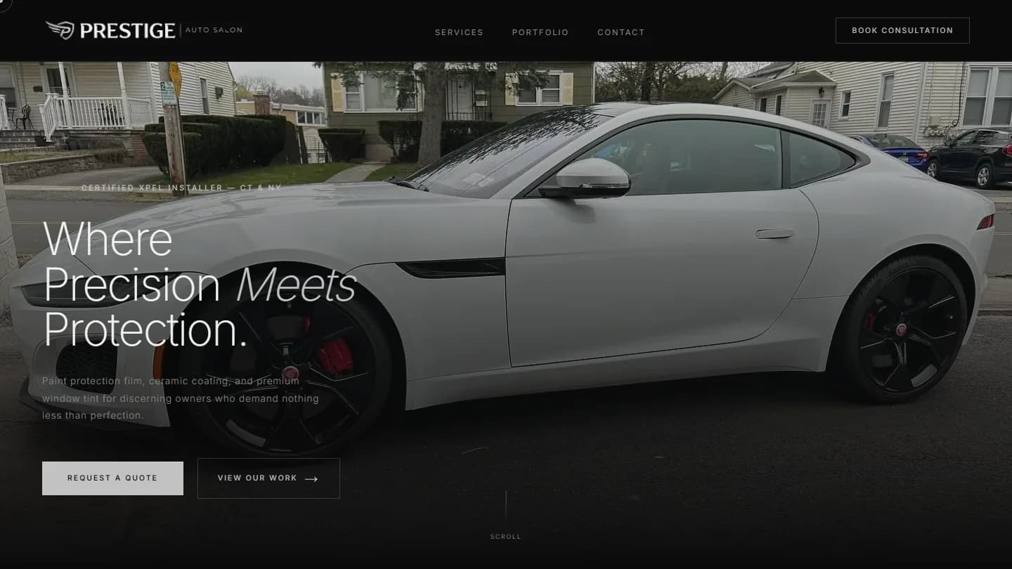 Prestige Auto Salon homepage hero — luxury protection studio layout with vehicle photography and precision protection headline