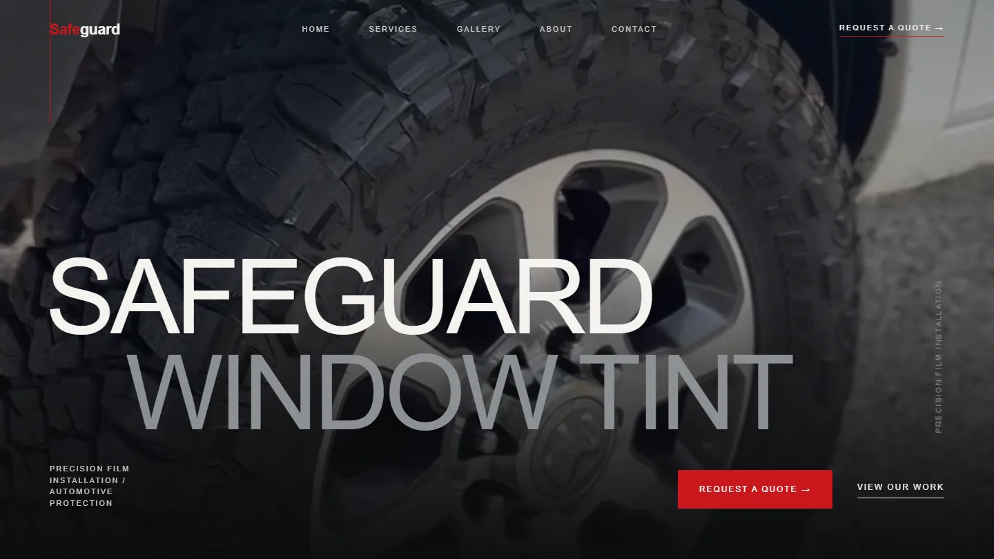 Safeguard Window Tinting homepage hero — film-first tint studio layout with quote-led CTAs