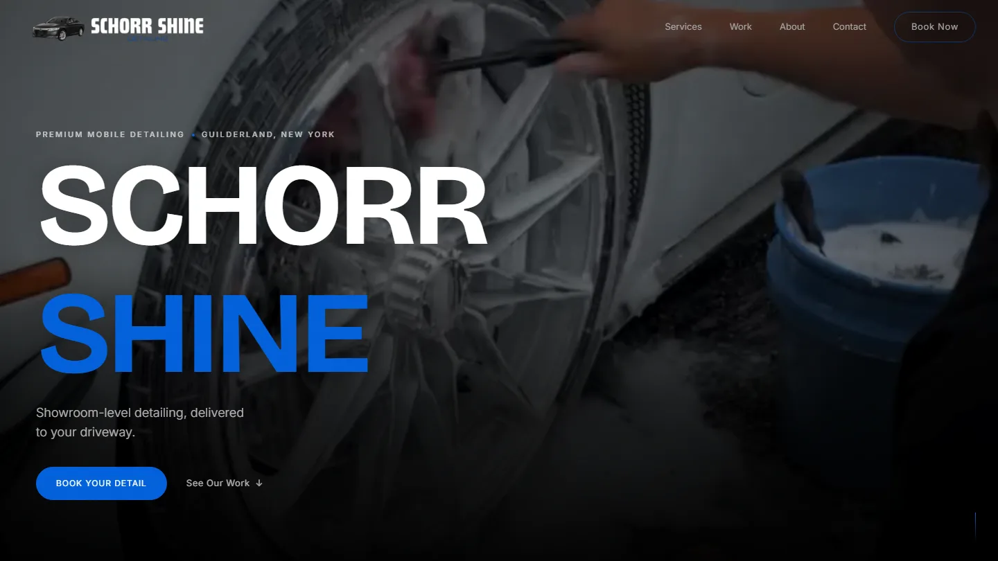 Schorr Shine Mobile Detailing homepage hero — premium mobile detailing conversion-ready layout