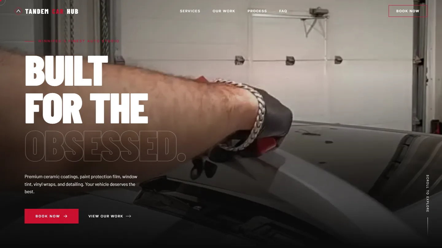 Tandem Car Hub homepage hero — Winnipeg multi-service ceramic, PPF, tint, wraps, and detailing layout
