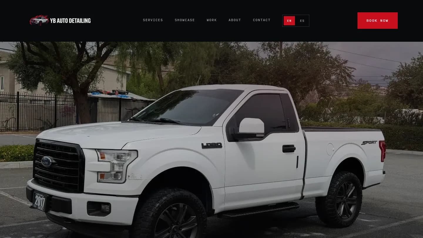 YB Detailing homepage hero — clean precision detailing service menu layout